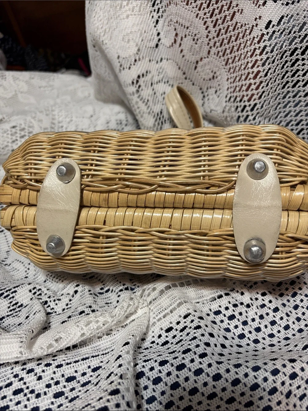 Woven Rattan Handbag with Cream & Tan Accents